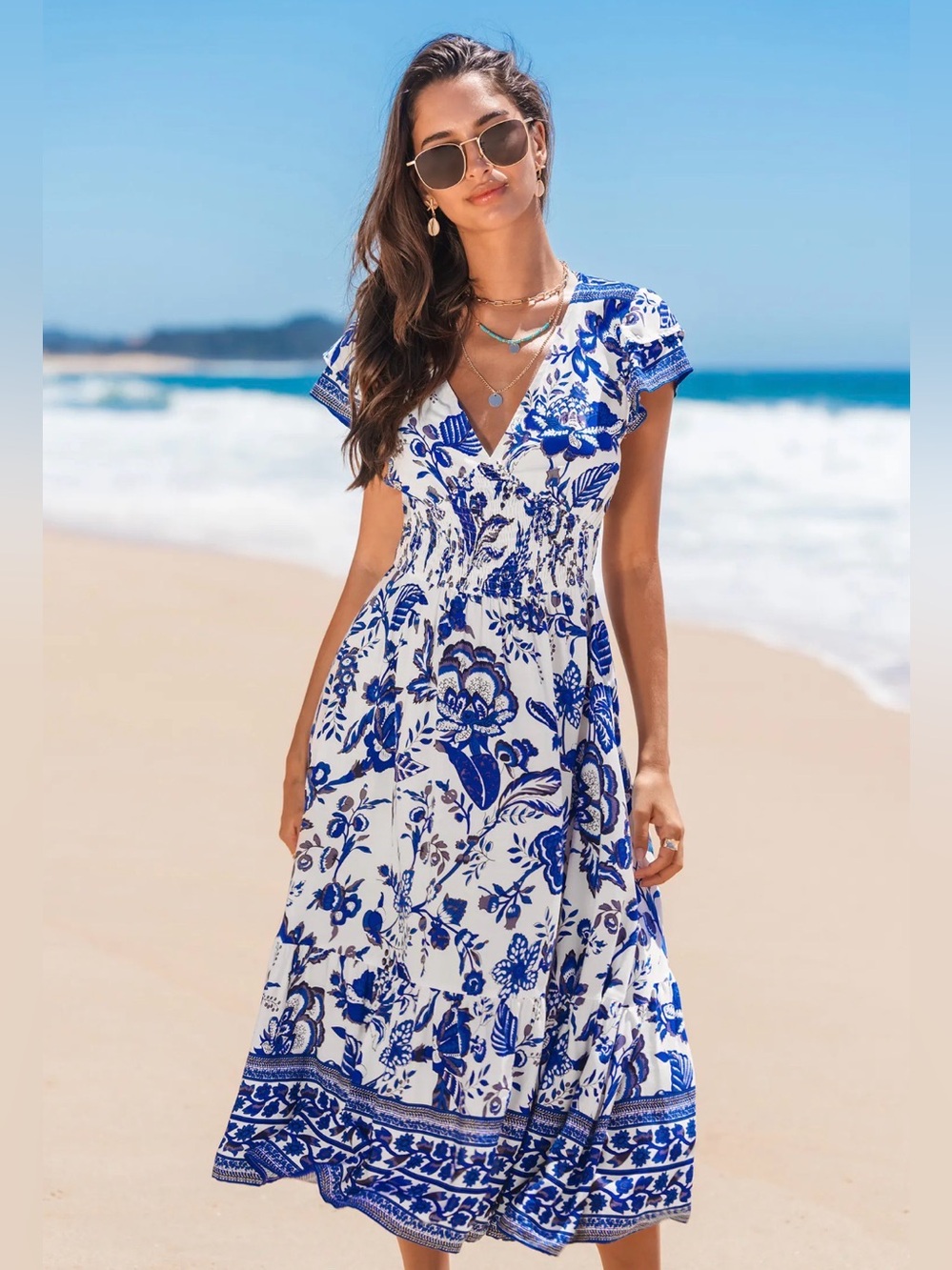 Cupshe White & Blue Floral V-Neck Smocked Midi Dress - NWT